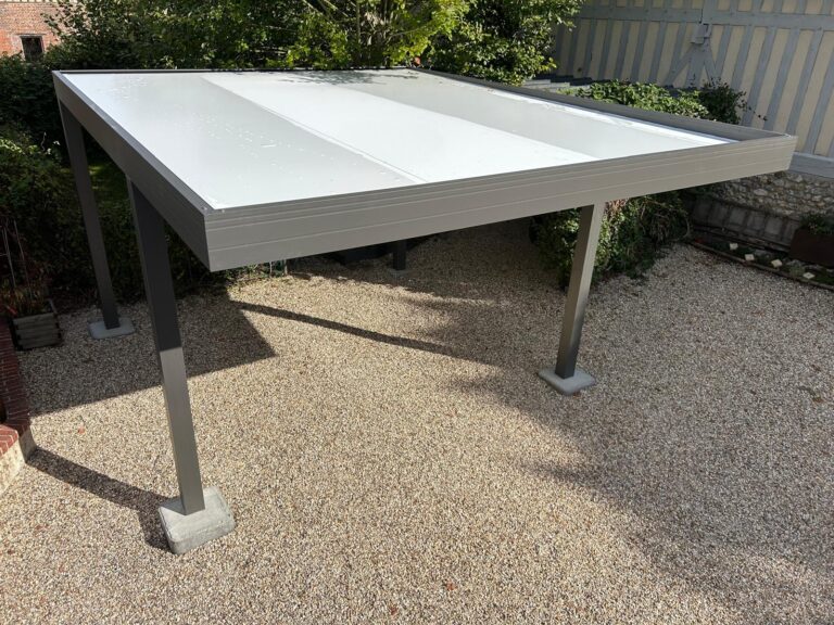 Abri moderne en métal dans un jardin.