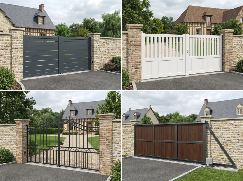 Quatre designs de portails devant maisons en pierre.
