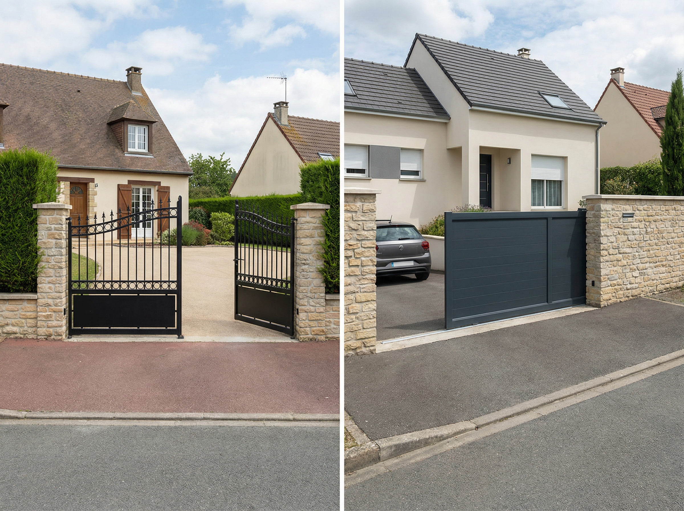 Deux maisons avec portails modernes noirs.