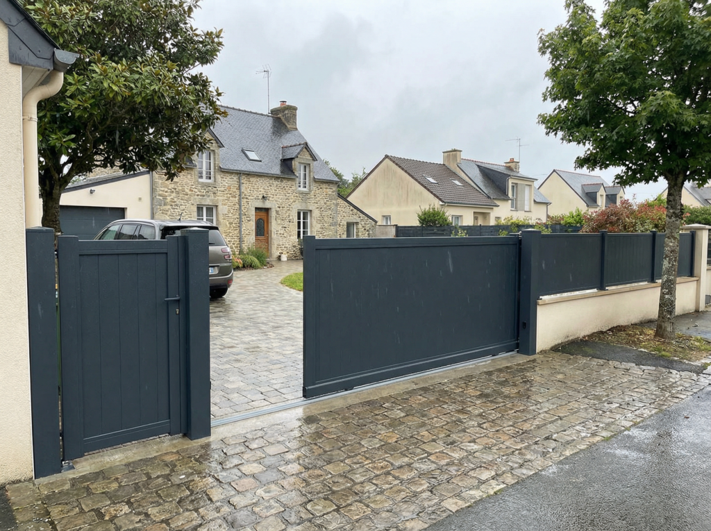 Maison en pierre avec portail noir ouvert.