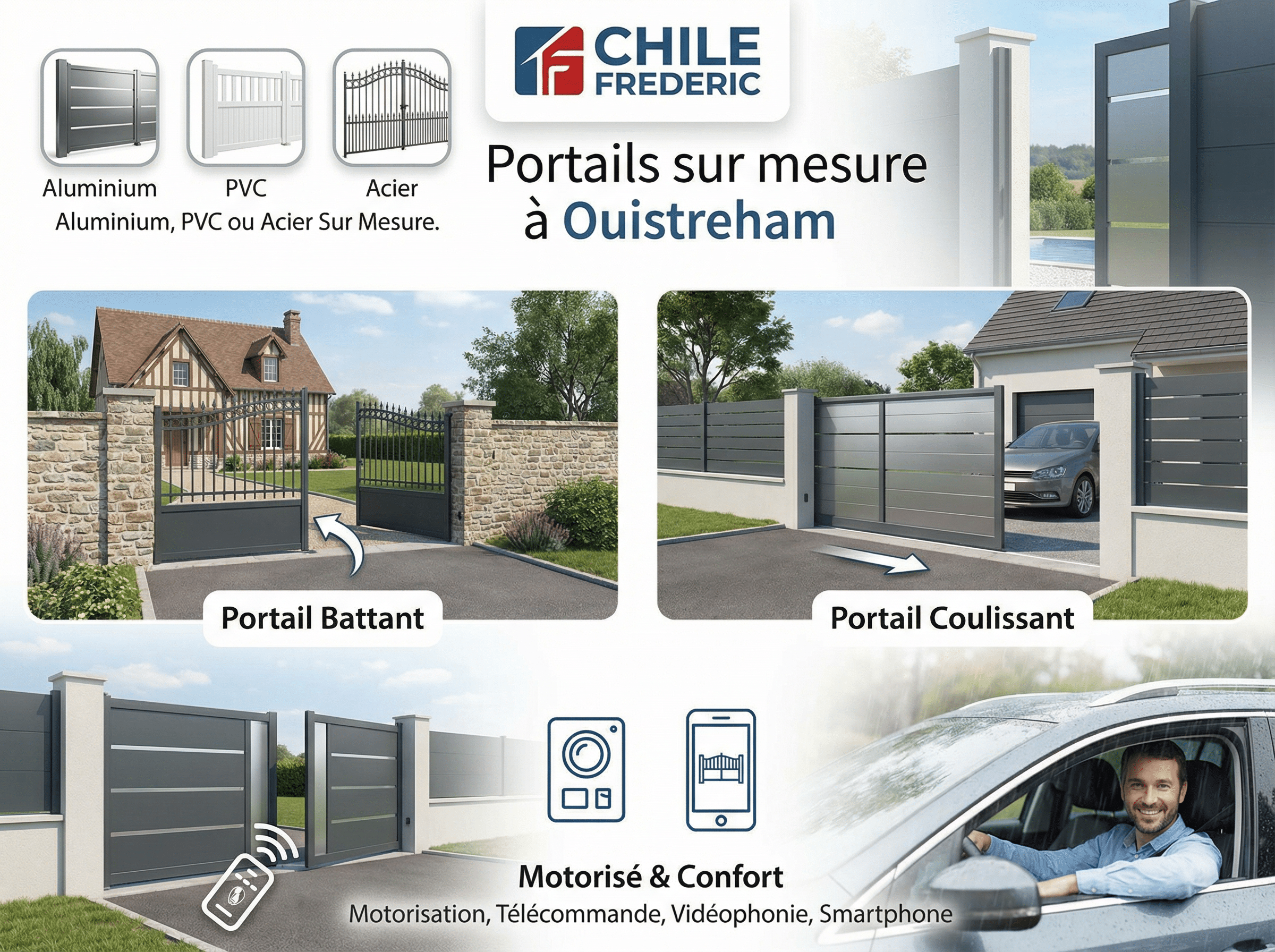 Portails sur mesure à Ouistreham, divers matériaux.