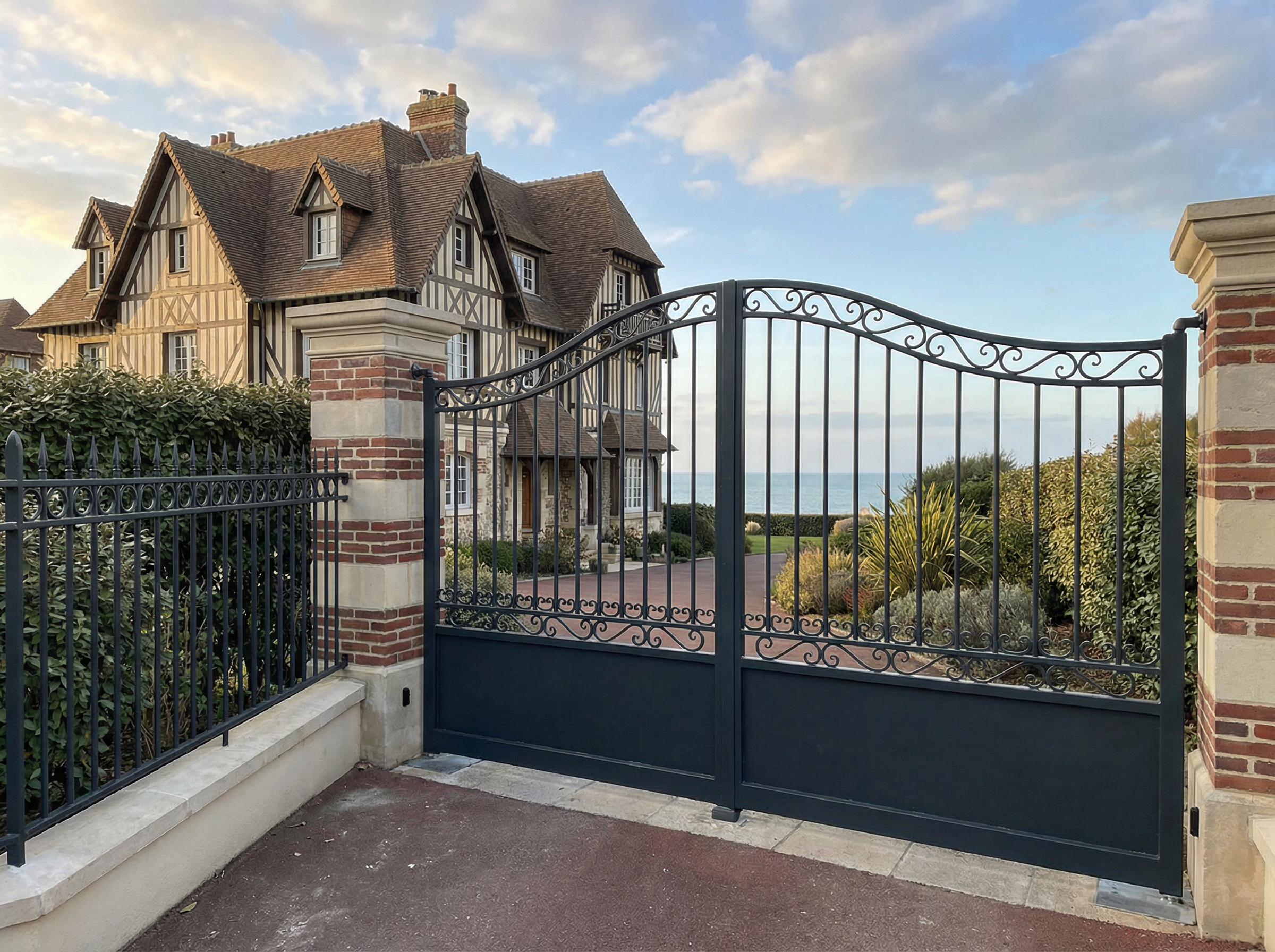 Maison à colombages derrière portail en fer forgé.