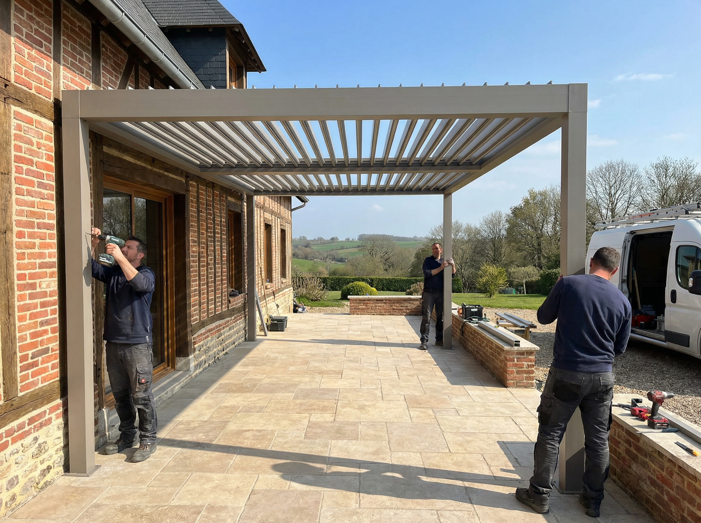 Installation d'une pergola sur terrasse ensoleillée.