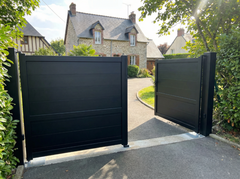 Portail noir ouvert devant maison en pierre