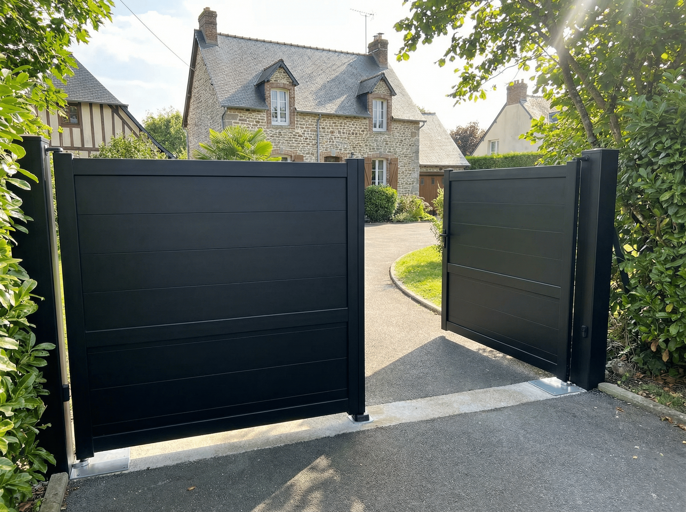 Portail noir ouvert devant maison en pierre