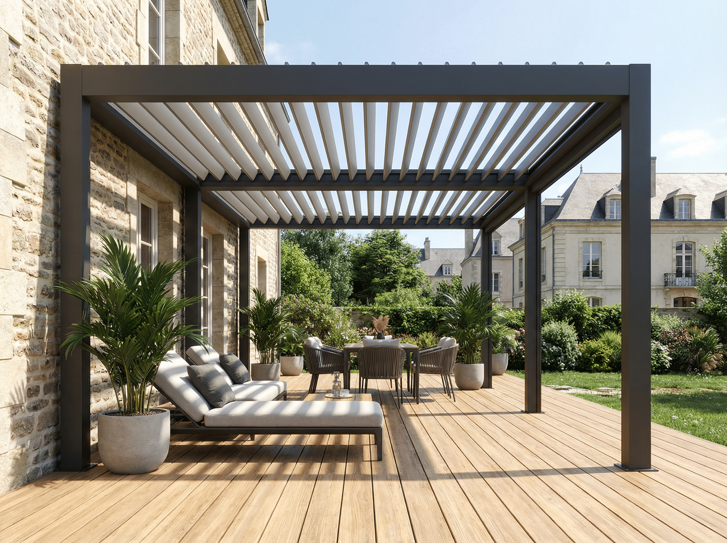 Terrasse moderne avec pergola et mobilier extérieur.