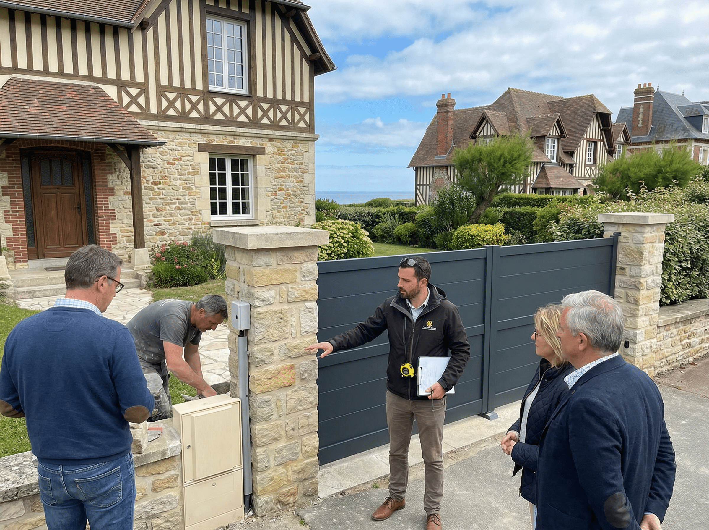 Inspection de portail devant maison ancienne.