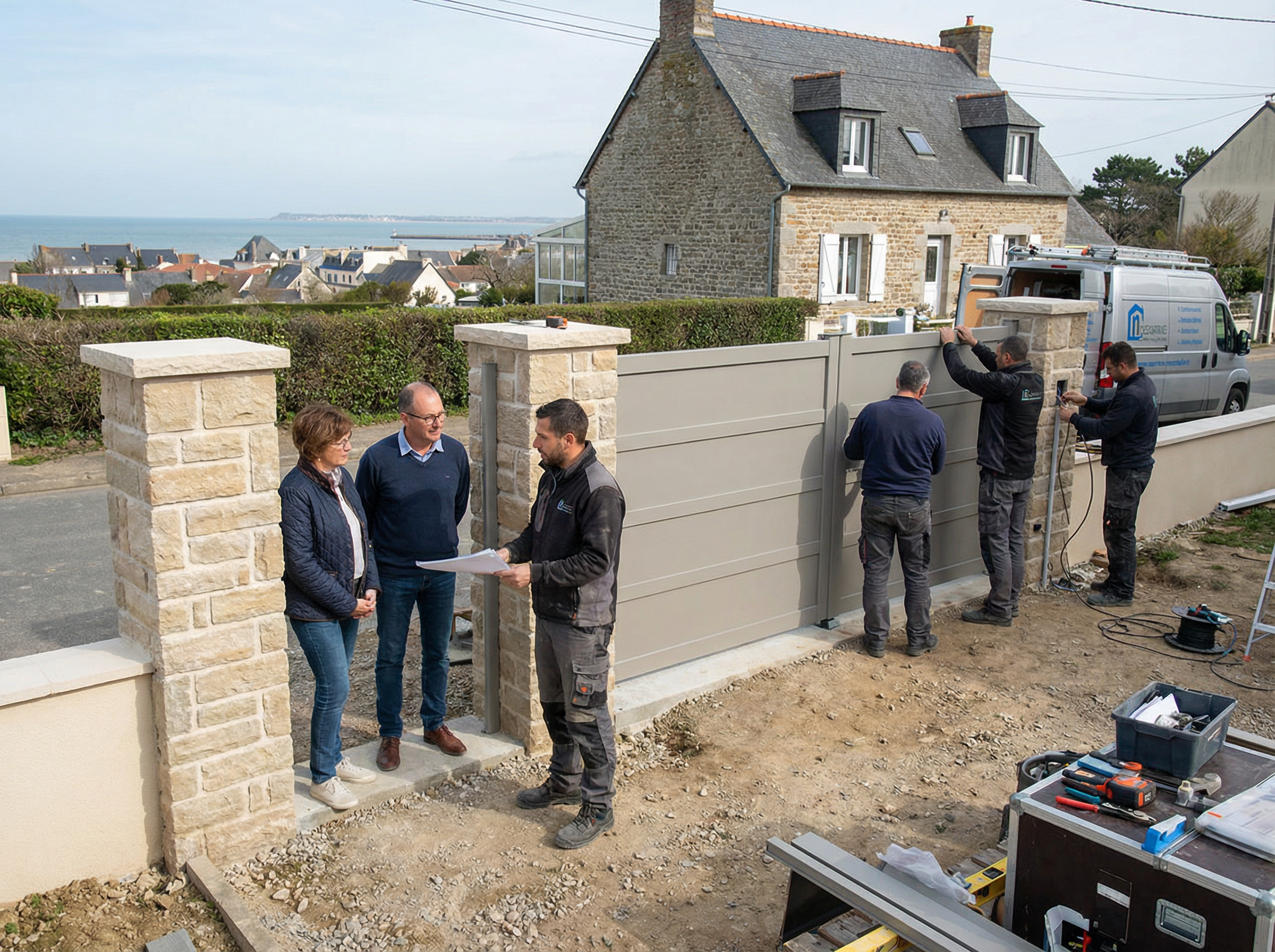 Installation de portail devant une maison en bord de mer.