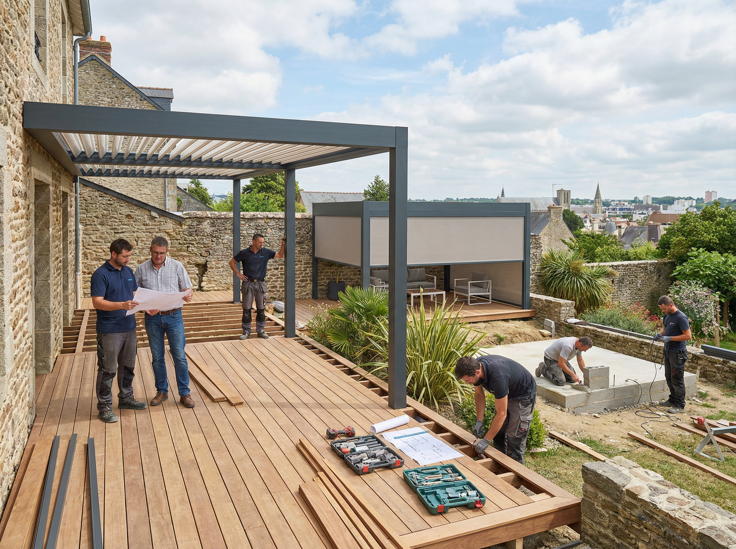 Travailleurs construisant une terrasse en bois.