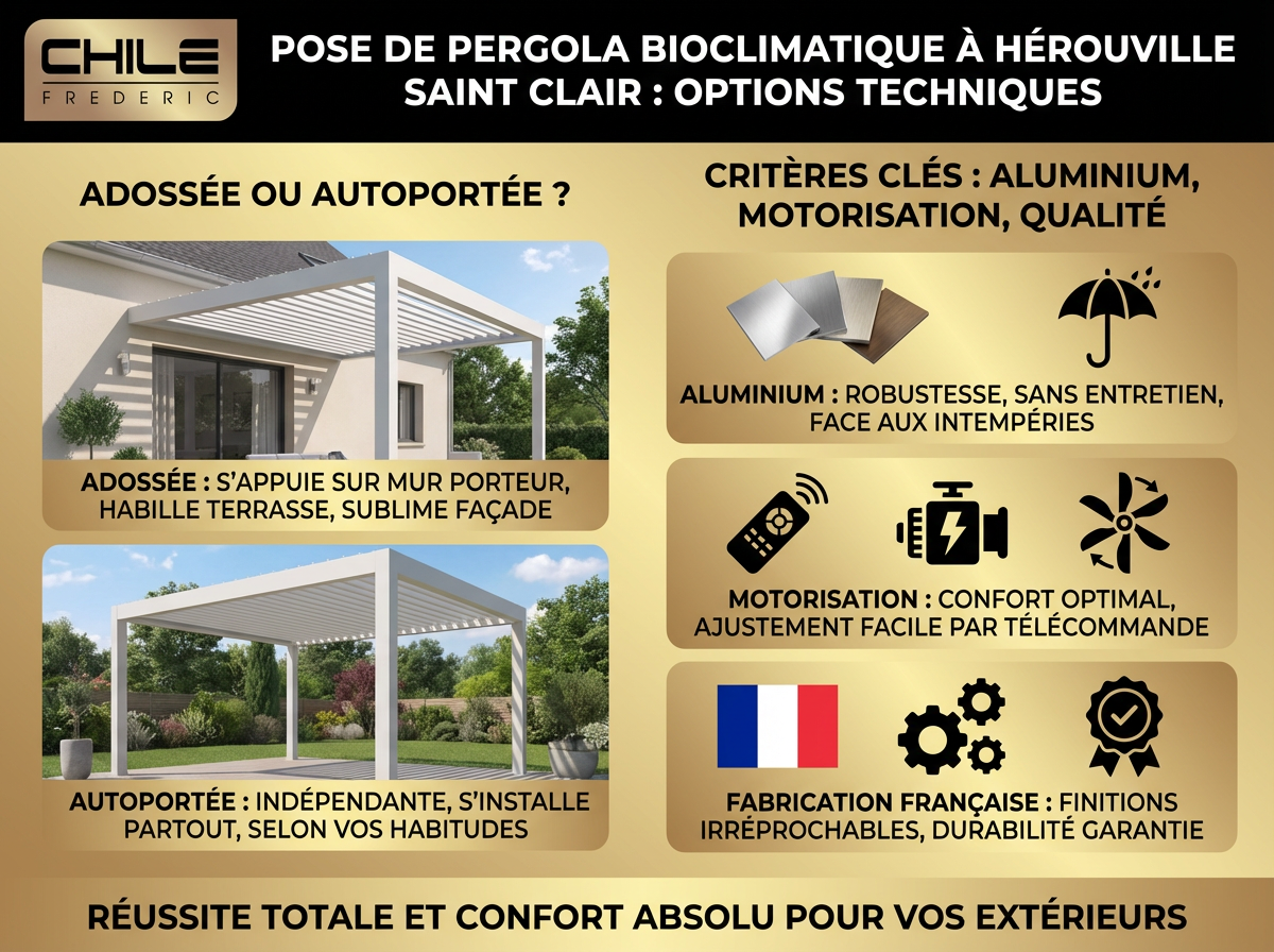 Infographie pergola bioclimatique options et critères techniques