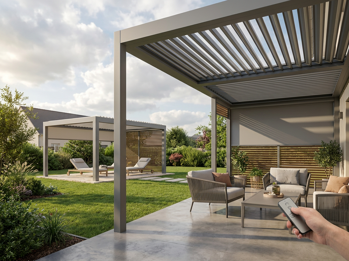 Pergola bioclimatique moderne dans jardin paysager