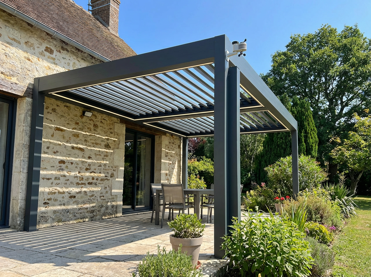 Pergola moderne adossée à maison en pierre