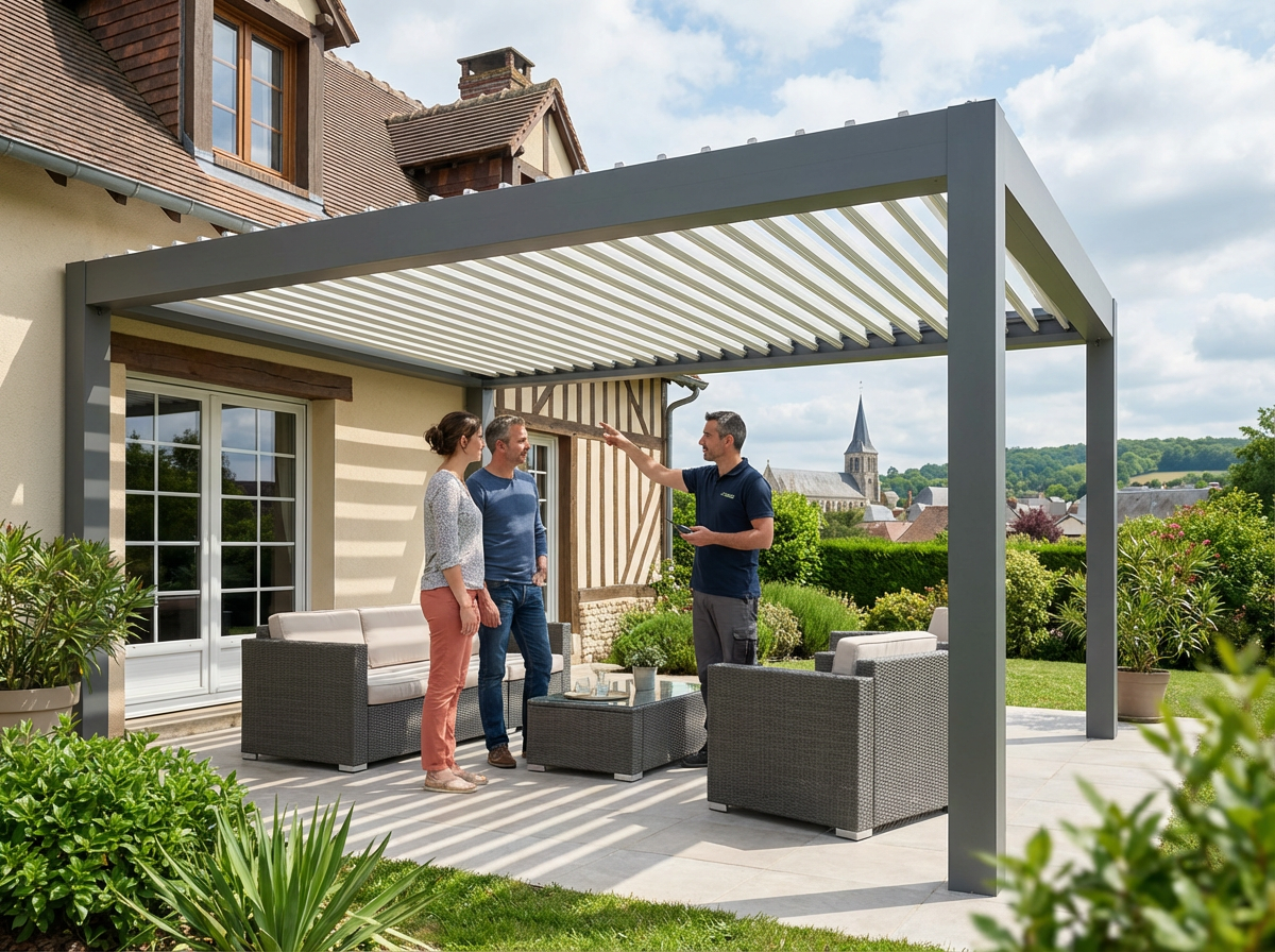 Couple sous pergola moderne avec conseiller extérieur