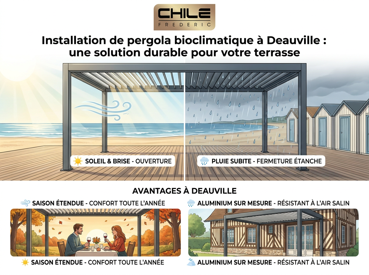 Pergola bioclimatique face à la plage de Deauville