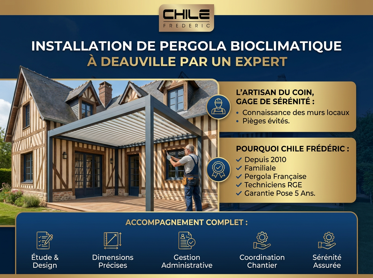 Installation pergola bioclimatique maison normande Deauville